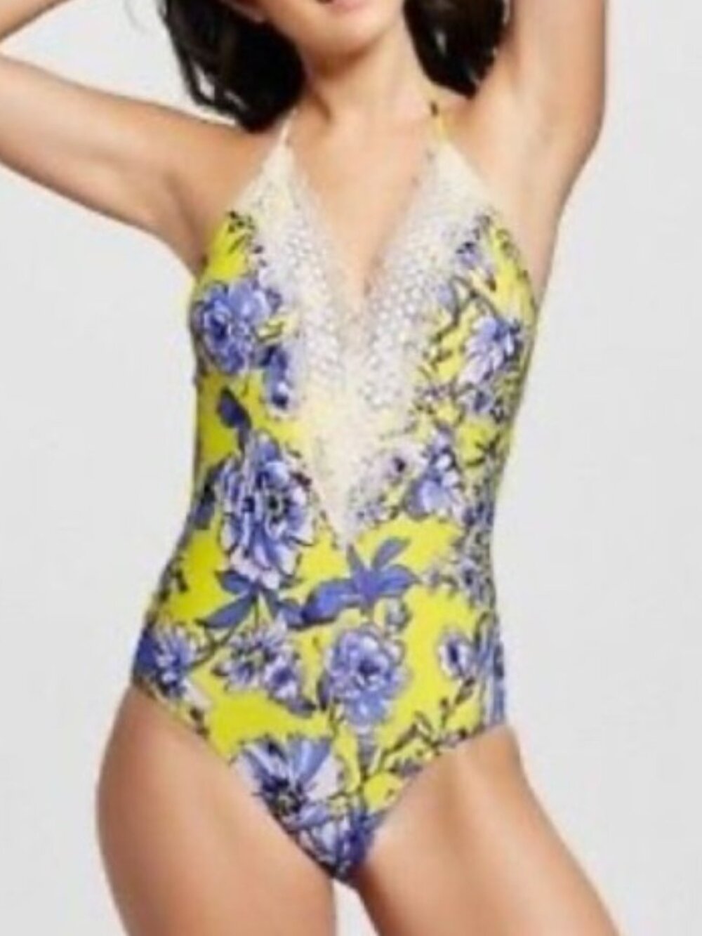 Sea Angel Floral Swimsuit Yellow & Blue w/Lace Trim 1X